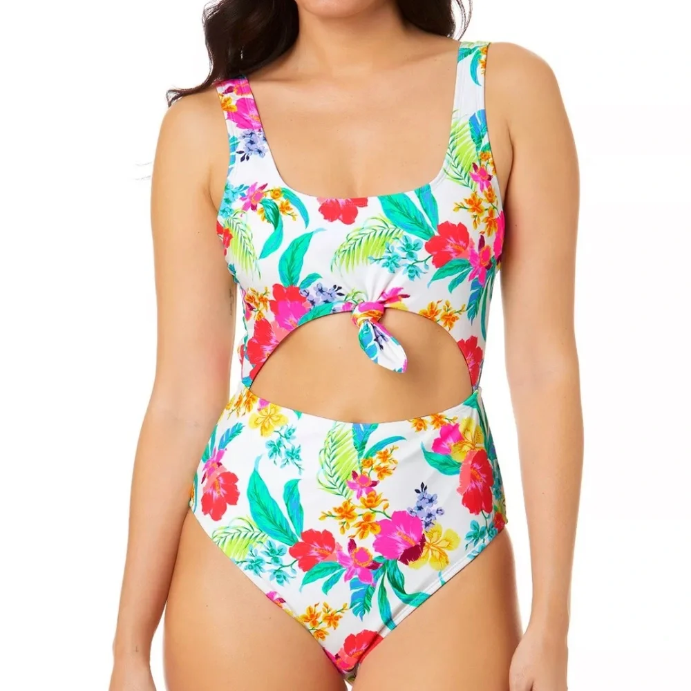 SALT + COVE Juniors' Retro Hibiscus Knot- Front One-Piece Swimsuit